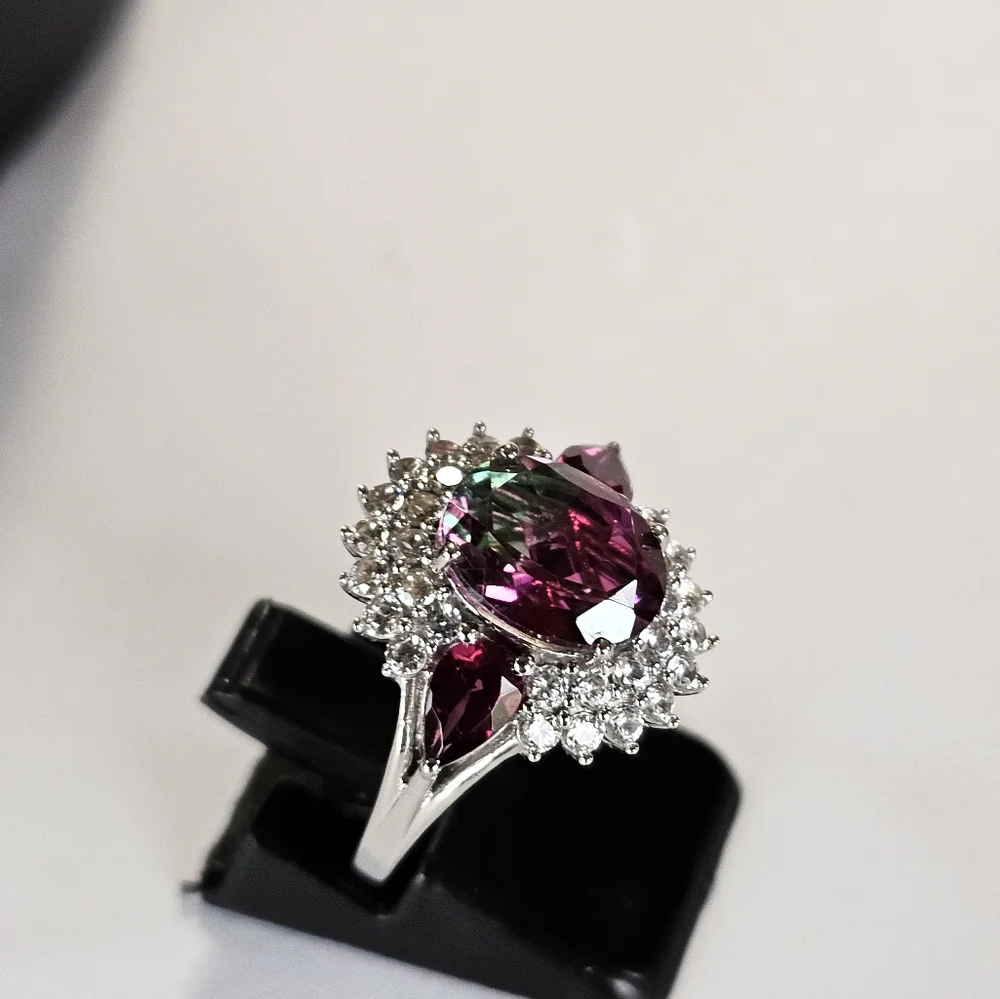 Genuine Watermelon Quartz & Multi Gemstone Ring Platinum over 925 Sz 6! - Picture 7 of 13